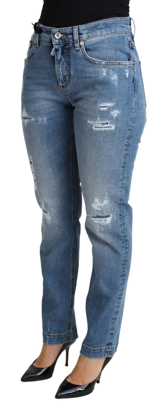 Blue Tattered Skinny Denim Cotton Blend Jeans