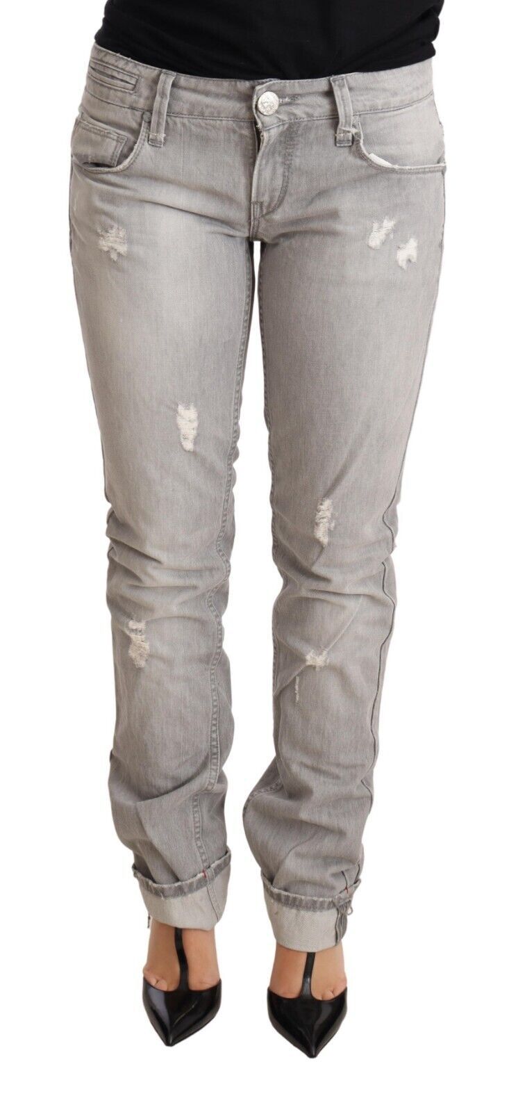 Gray Tattered Cotton Slim Fit Folded Hem Women Denim Jeans