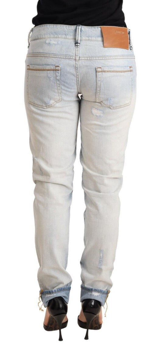 Light Blue Distressed Cotton Folded Hem Denim Trouser Jeans