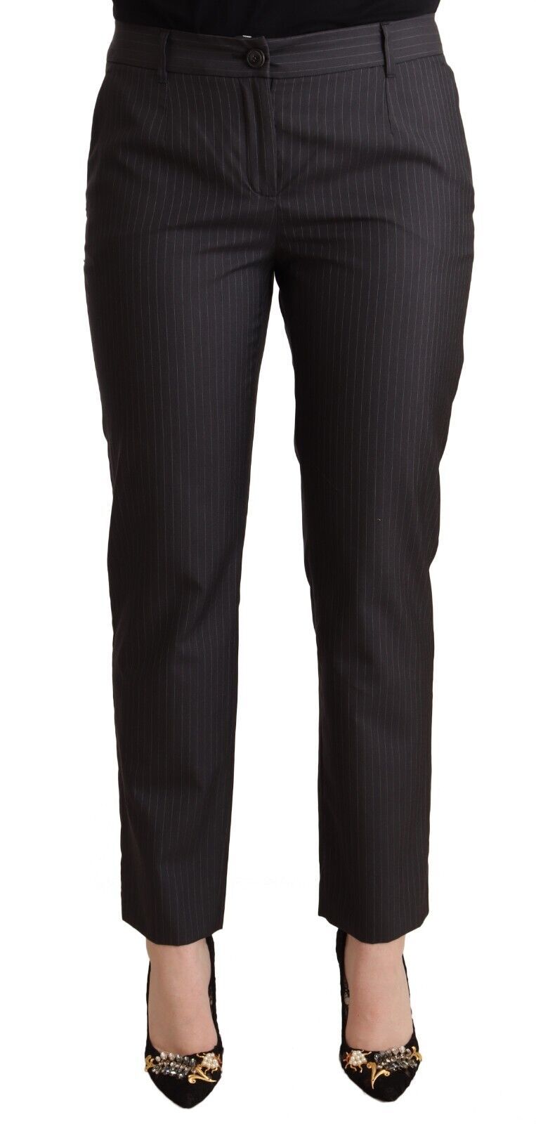 Black Striped Wool Tapered Trouser Pants