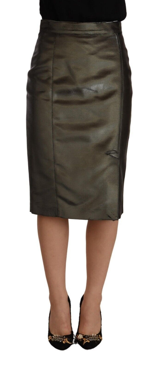 Metallic Gray High Waist Pencil Midi Skirt