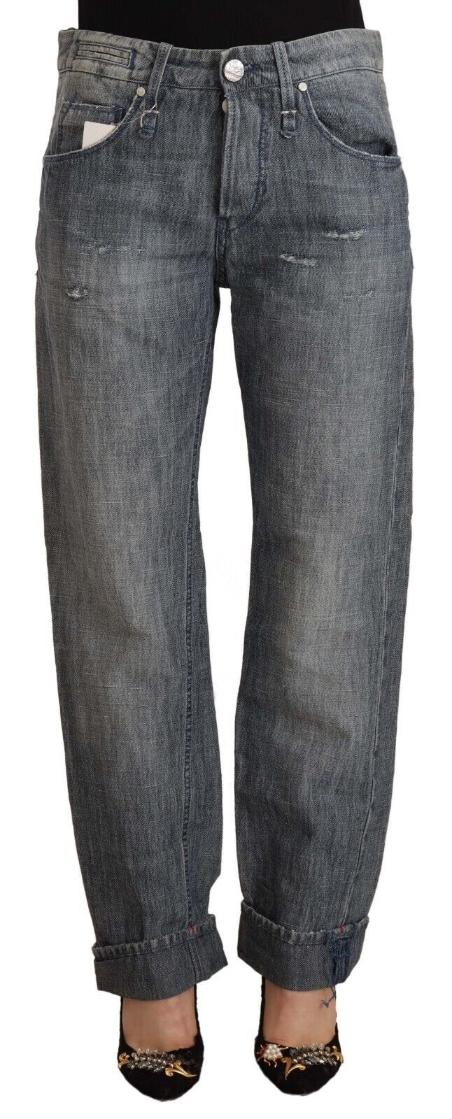 Gray Washed Mid Waist Straight Denim Folded Hem Jeans