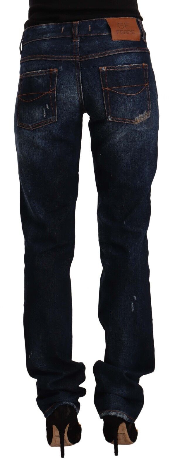 Dark Blue Washed Mid Waist Cotton Denim Straight Jeans
