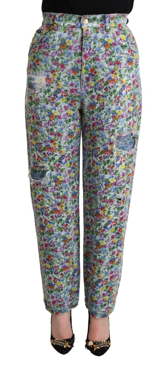 Blue Floral Print High Waist Denim Tapered Jeans