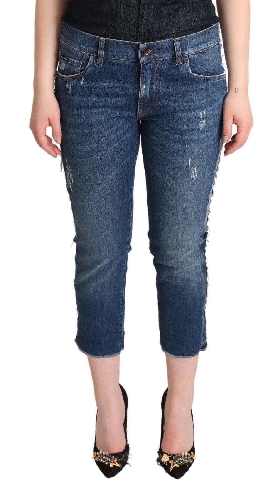 Blue Washed Mid Waist Denim Logo Cropped Jeans