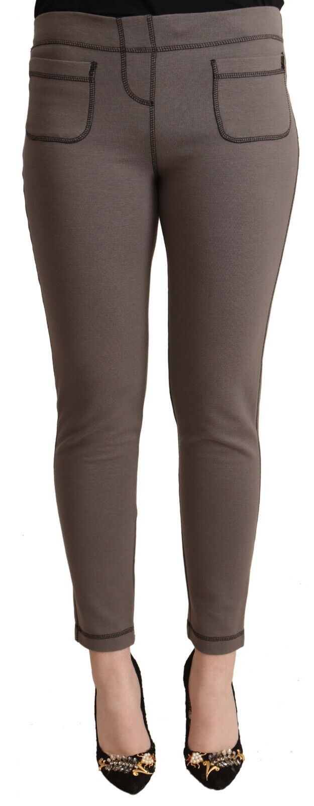 Gray Cotton Mid Waist Stretch Leggings Cropped Pants
