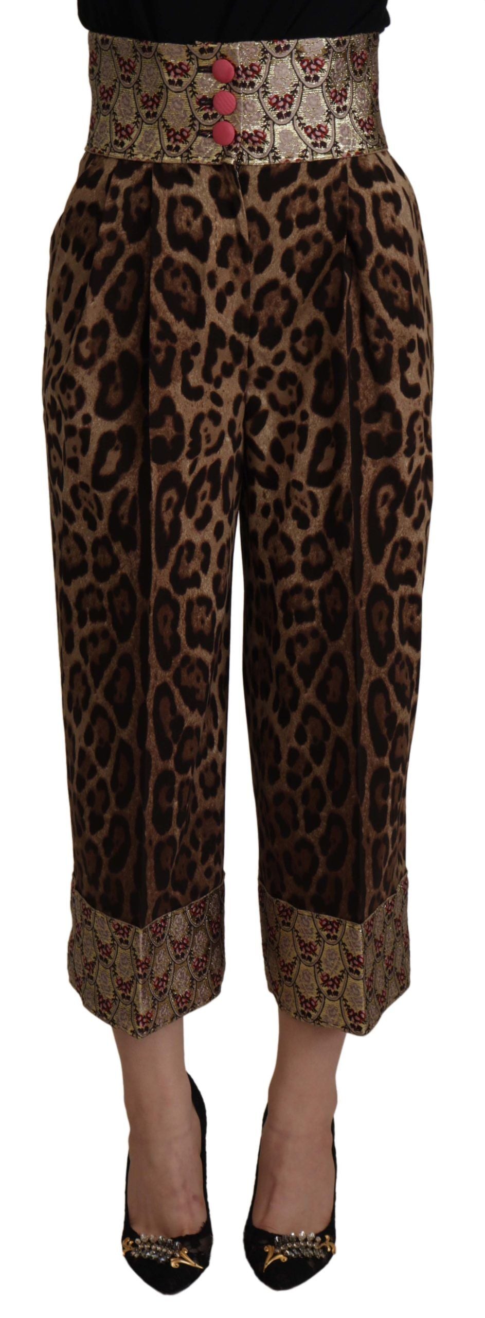 Brown Leopard Gold Jacquard High Waist Pants