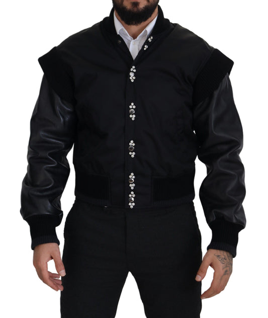 Black Nylon Crystals Coat Buttons Jacket