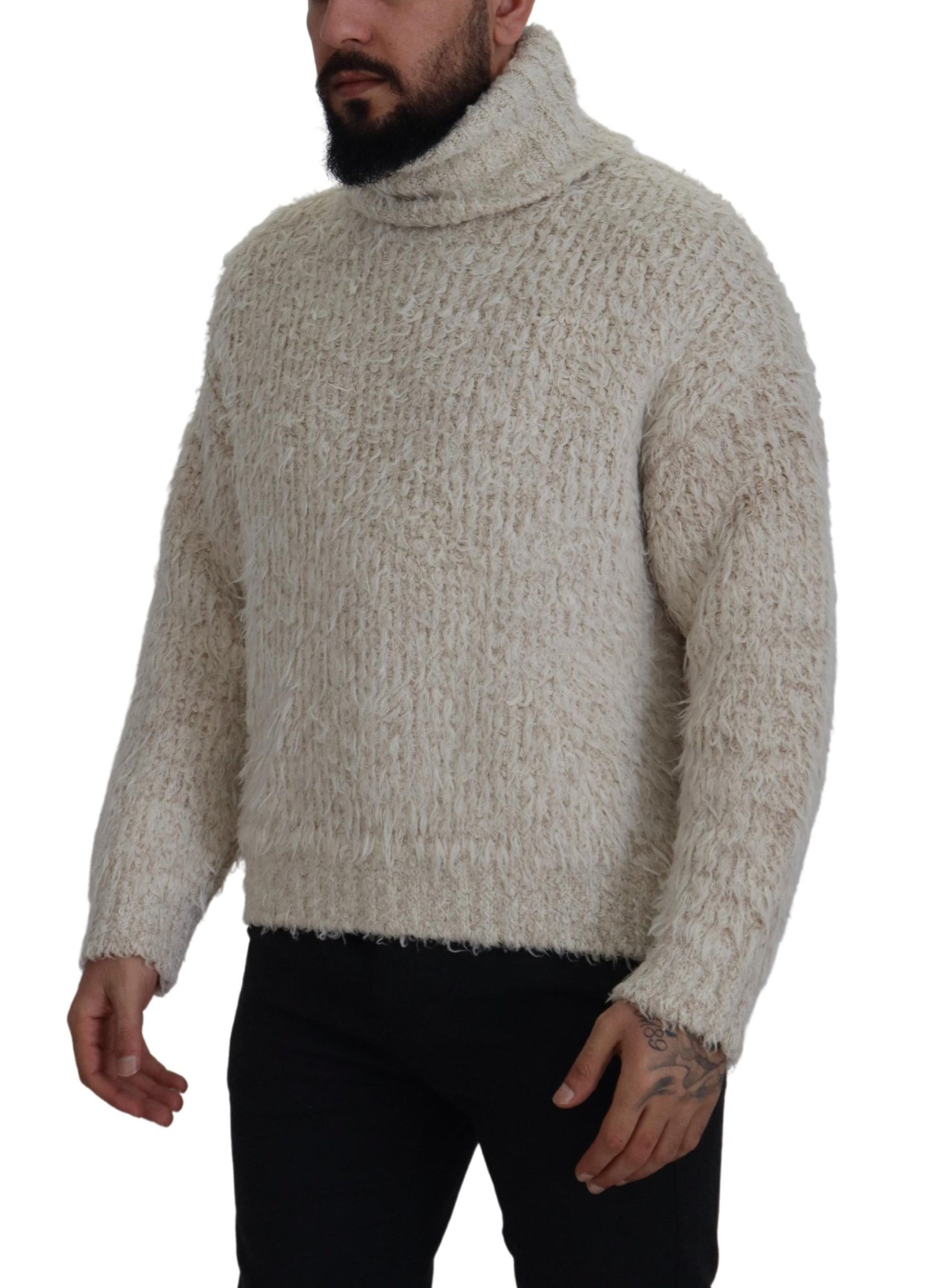 Cream Wool Knit Turtleneck Pullover Sweater
