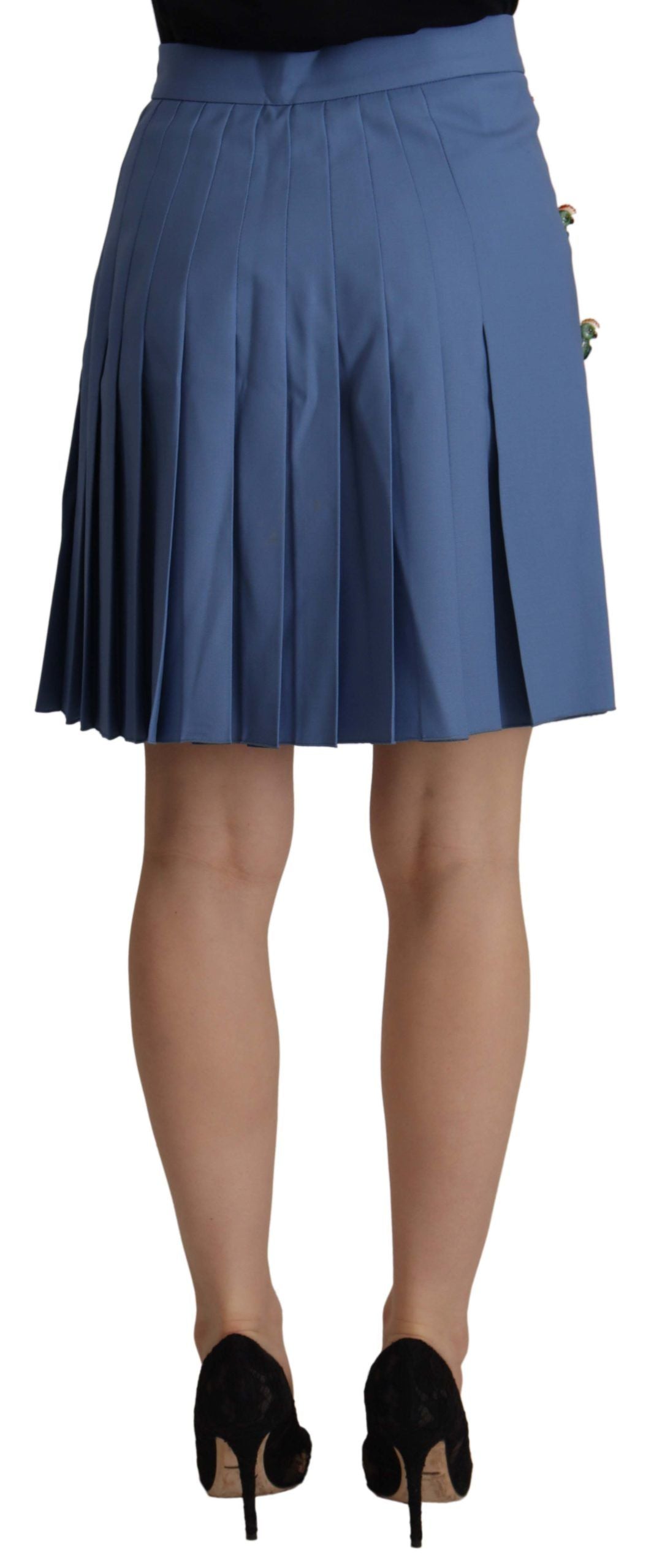 Blue Embellished Pleated Mini Skirt Wool
