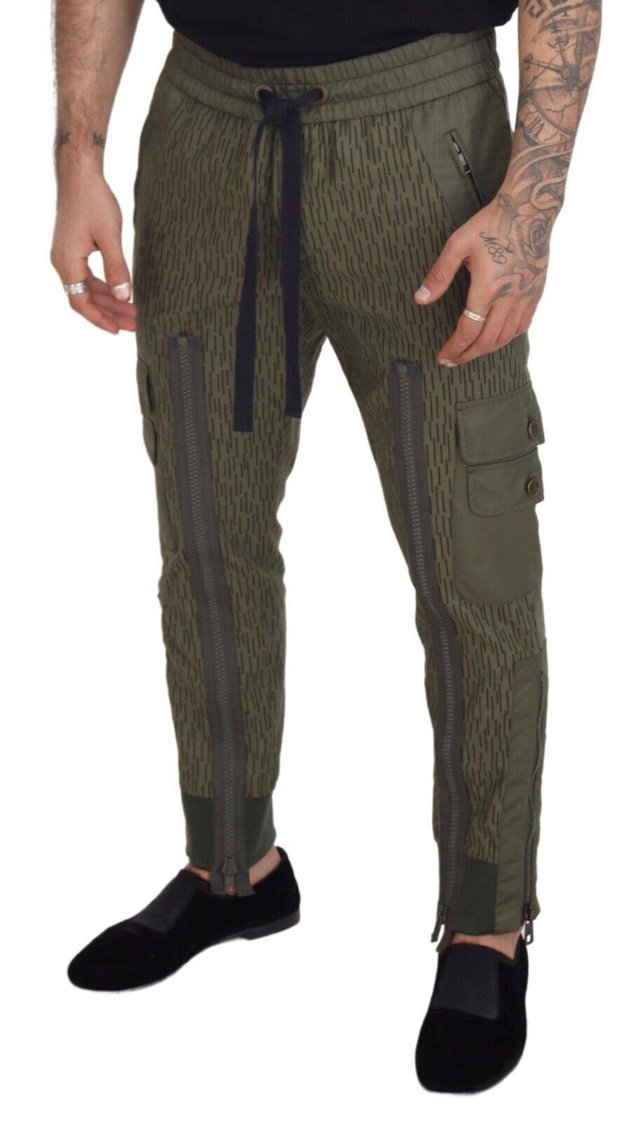 Green Striped Cargo Zipper Leg Men Trouser Pants