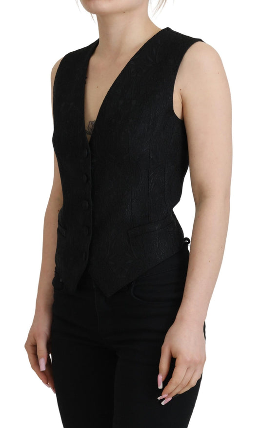 Black Brocade Button Down Sleeveless Vest Top