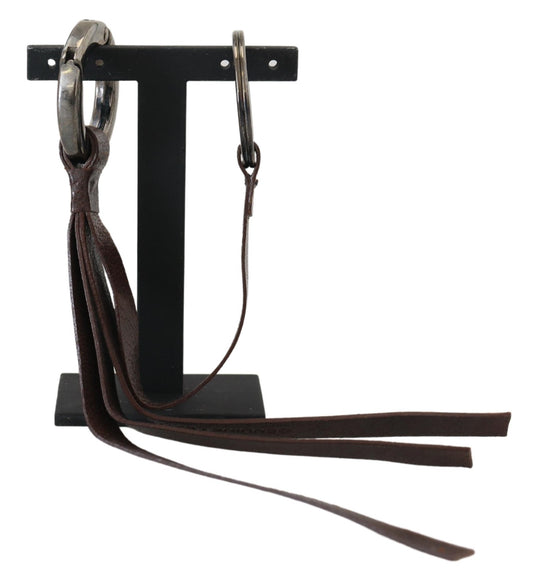 Brown Leather Silver Tone Metal Keyring Keychain