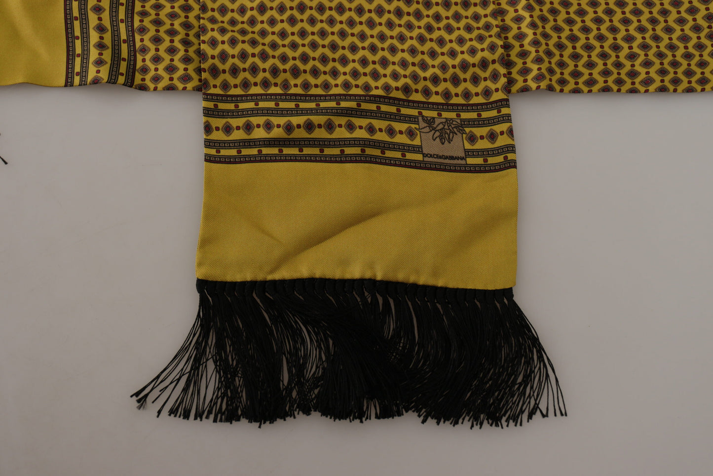 Yellow Patterned Silk Neck Wrap Fringe Scarf