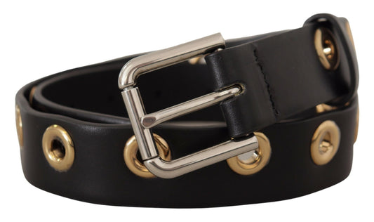 Black Leather Eyelet Silver Tone Metal Buckle Belt