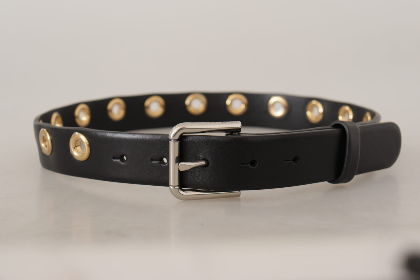 Black Leather Eyelet Silver Tone Metal Buckle Belt