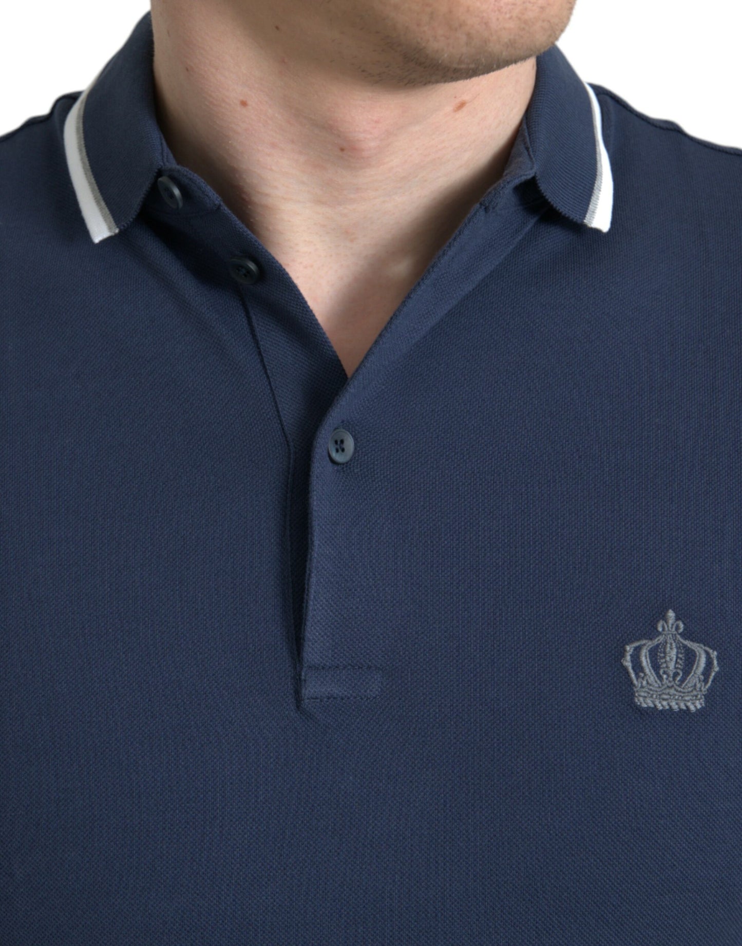 Blue Crown Patch Cotton Collared Men Polo T-shirt