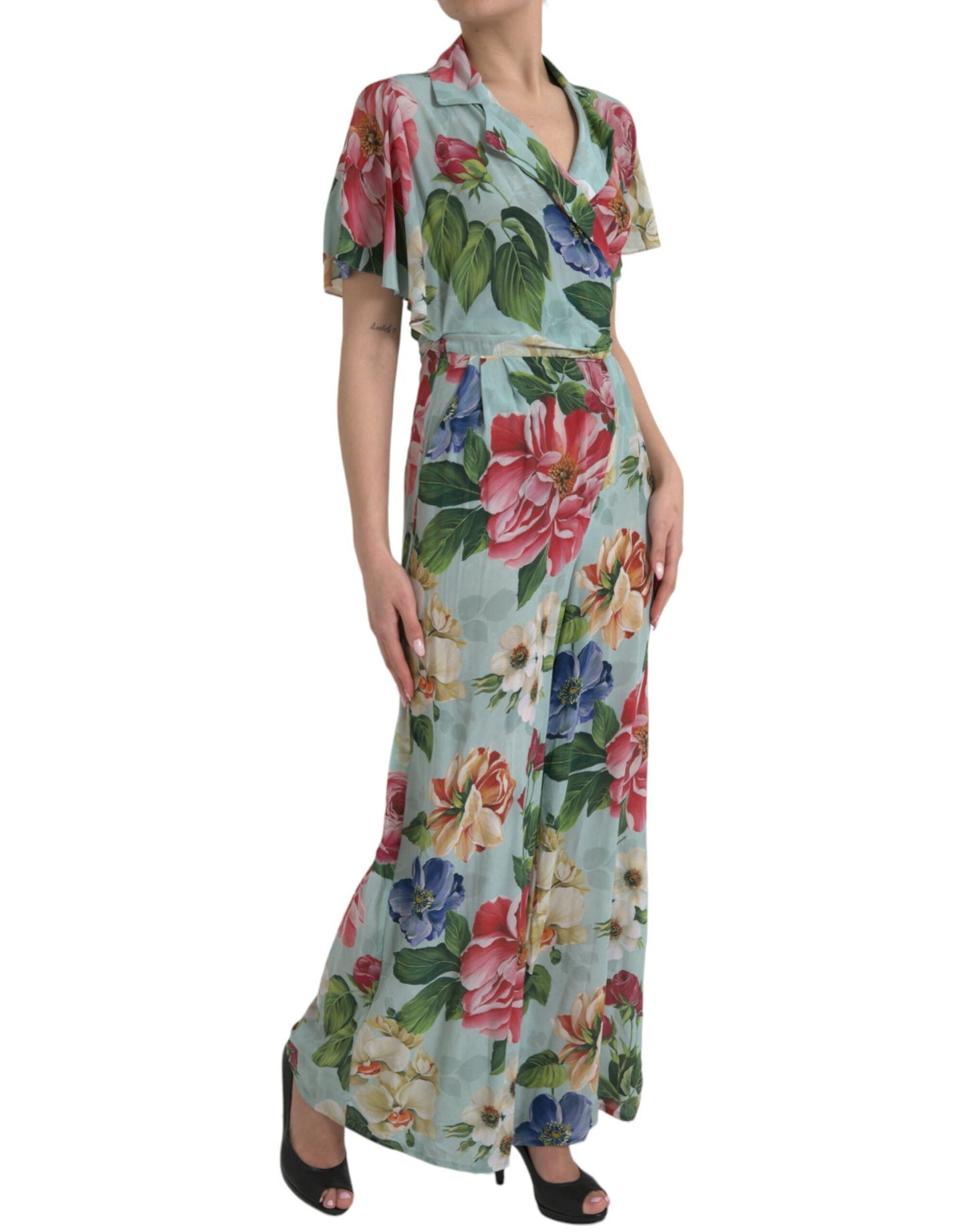 Blue Floral Wide Leg Wrap Jumpsuit Dress