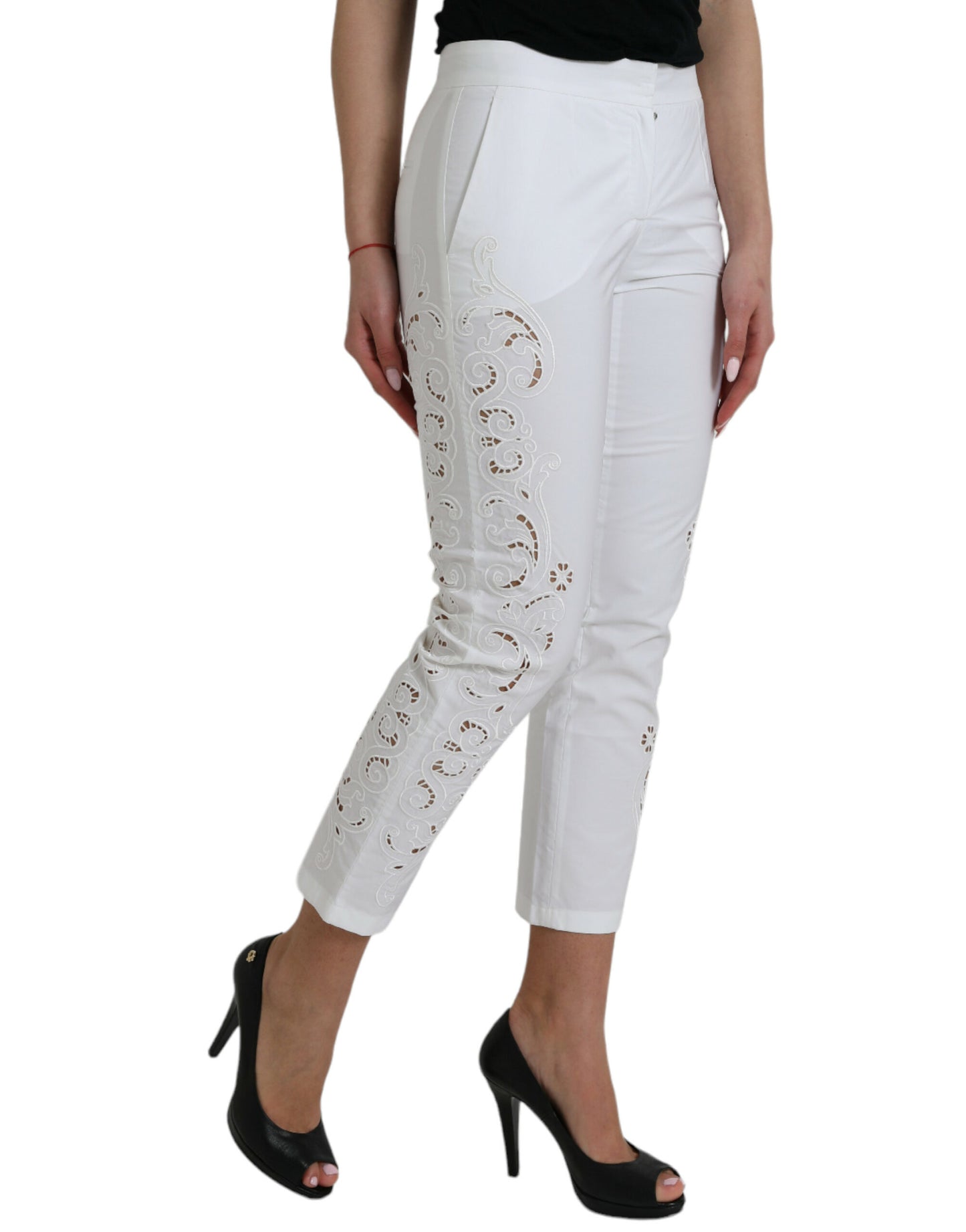 White Cut Out Cotton Mid Waist Cropped Pants