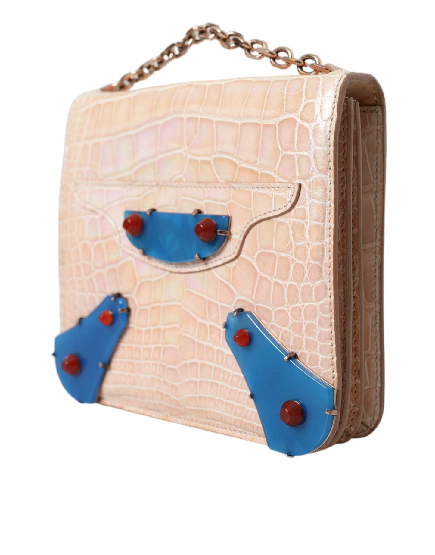 Beige Blue Agate Exotic Leather Gold Chain Purse Bag