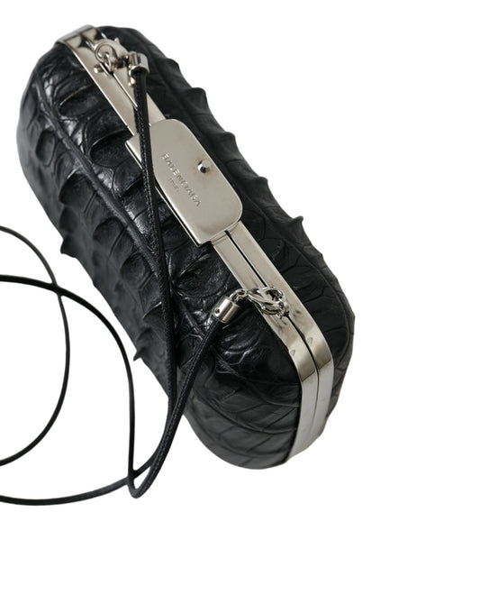 Black Exotic Skin Leather Shoulder Crossbody Box Clutch Bag
