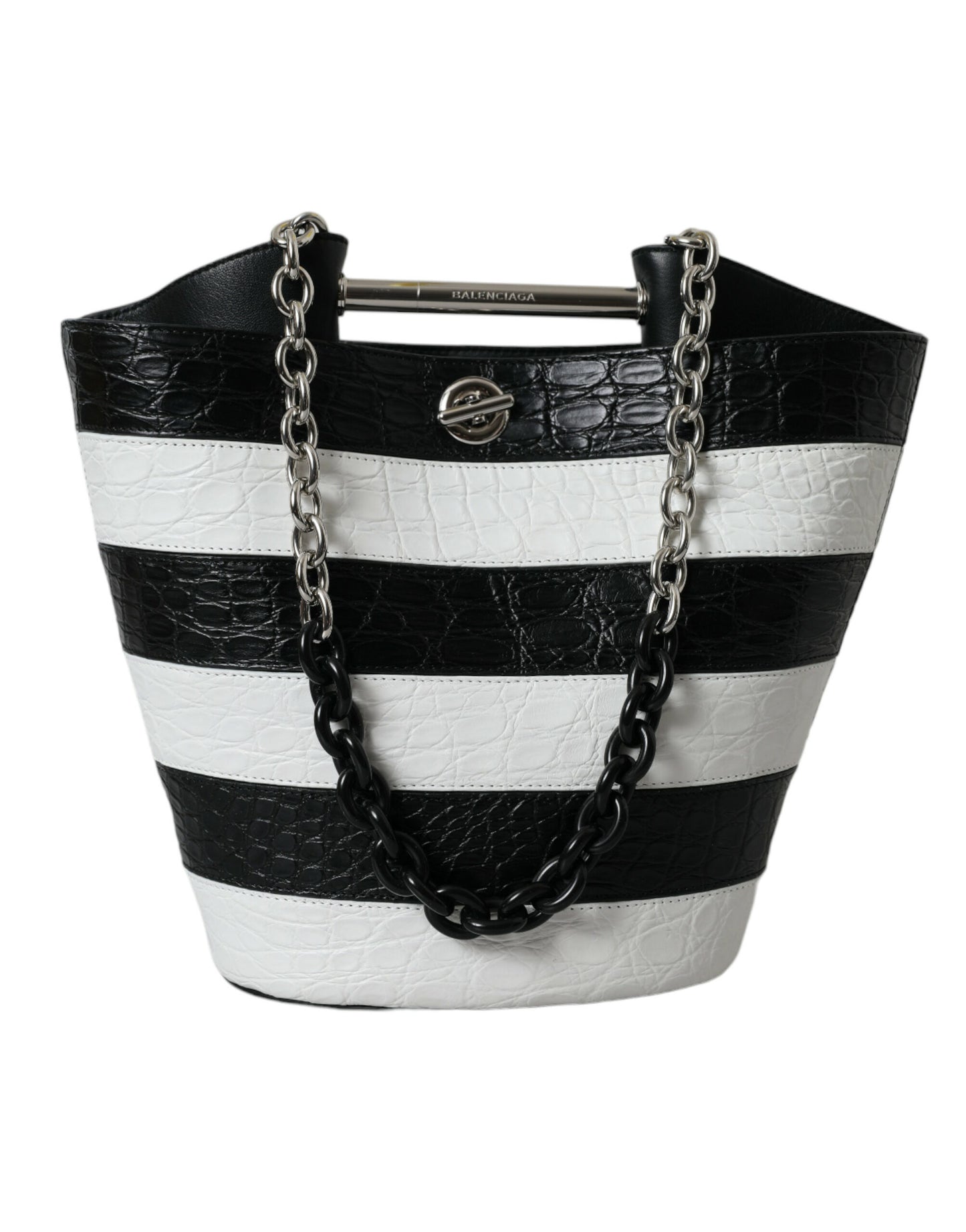 Black White Striped Exotic Skin Leather Maxi Bucket Tote Bag
