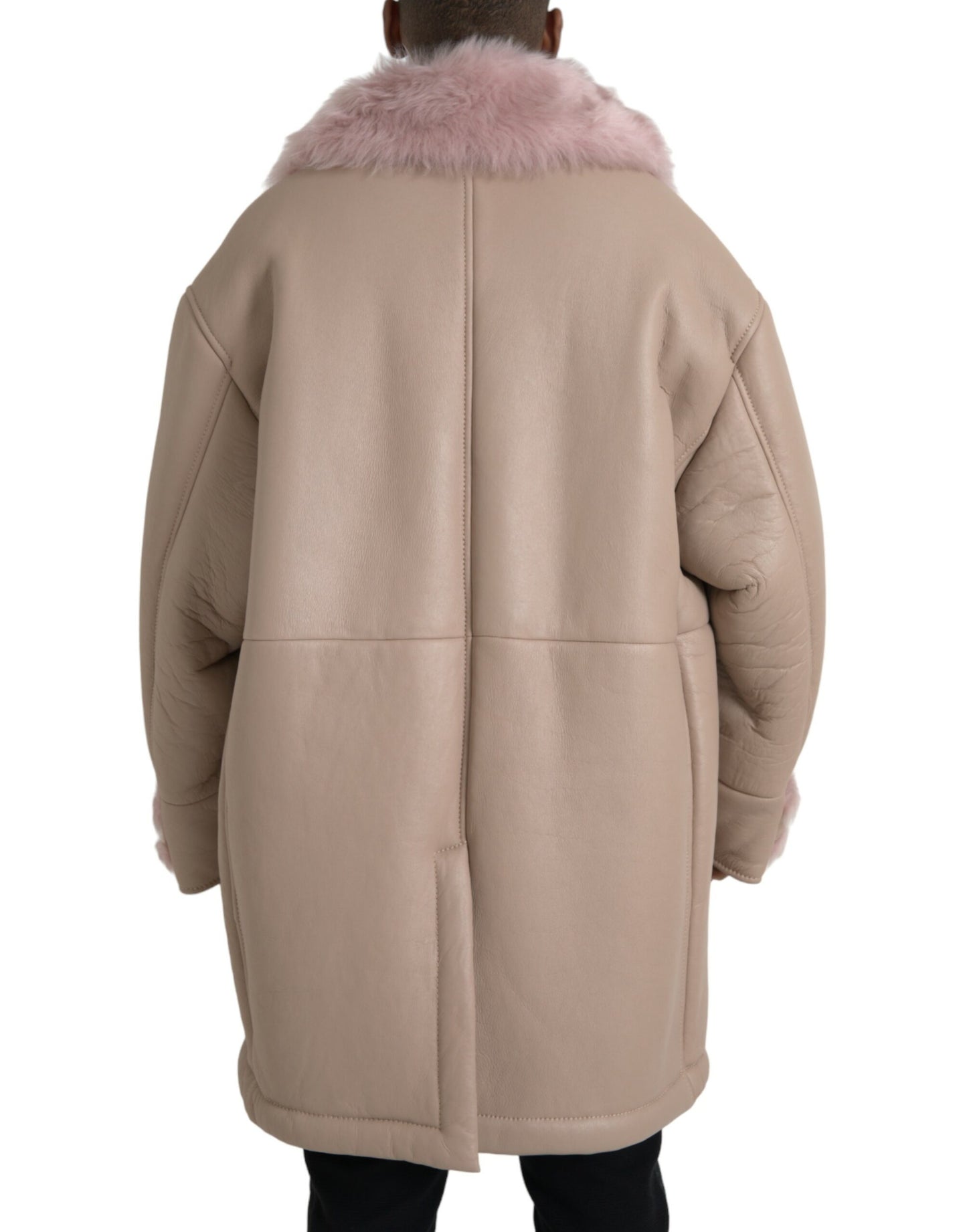 Beige Pink Lamb Leather Shearling Coat Jacket