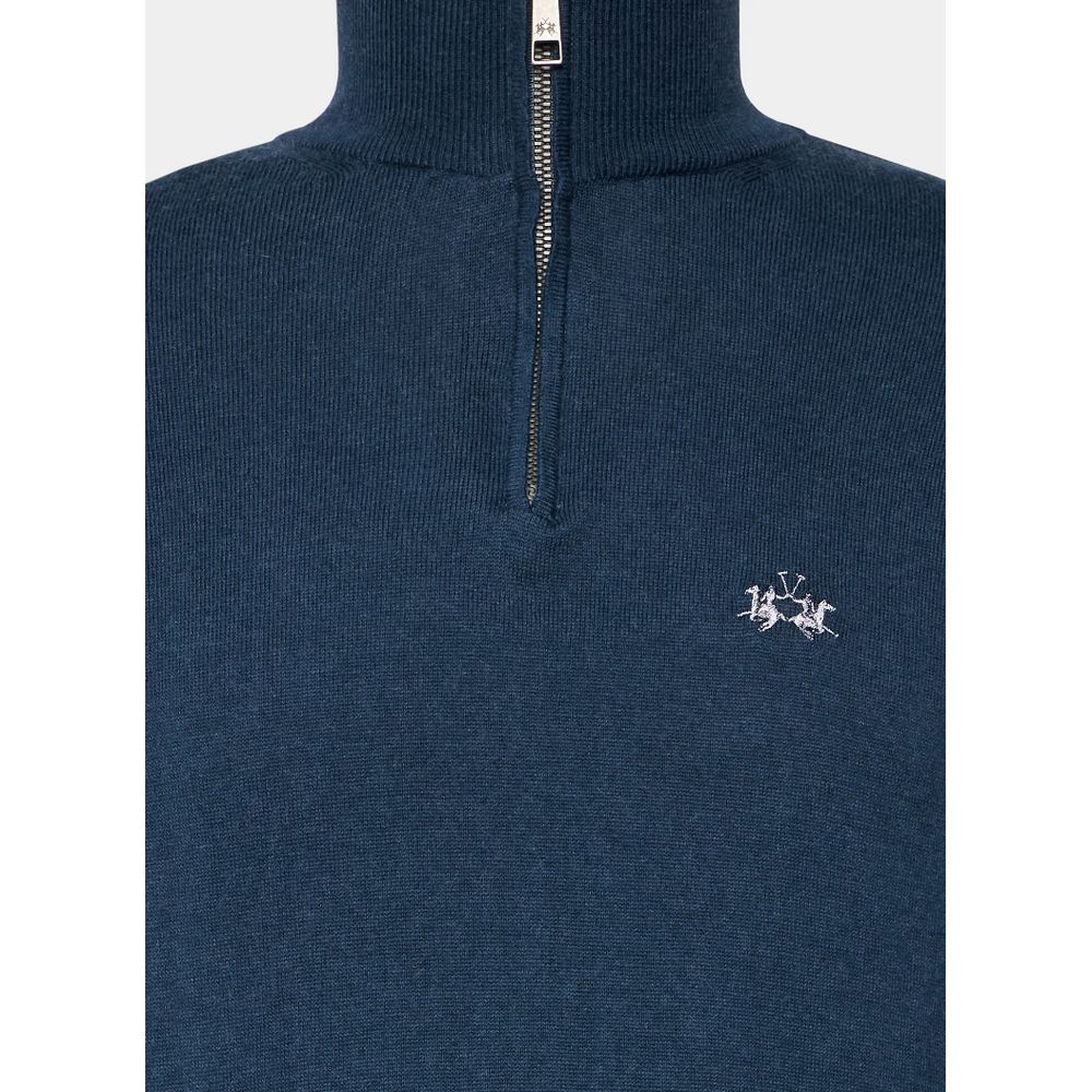 Blue Wool Men Sweater with Half Zip Closure