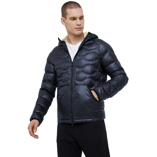 Blue Nylon Men Jacket with Slim Fit and Feather Padding
