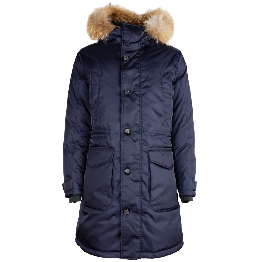 Blue Nylon Men Jacket with Fur-Trimmed Hood