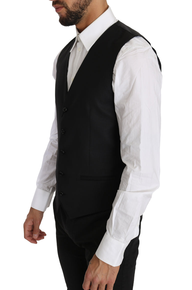 Black Solid Wool Silk Waistcoat Vest