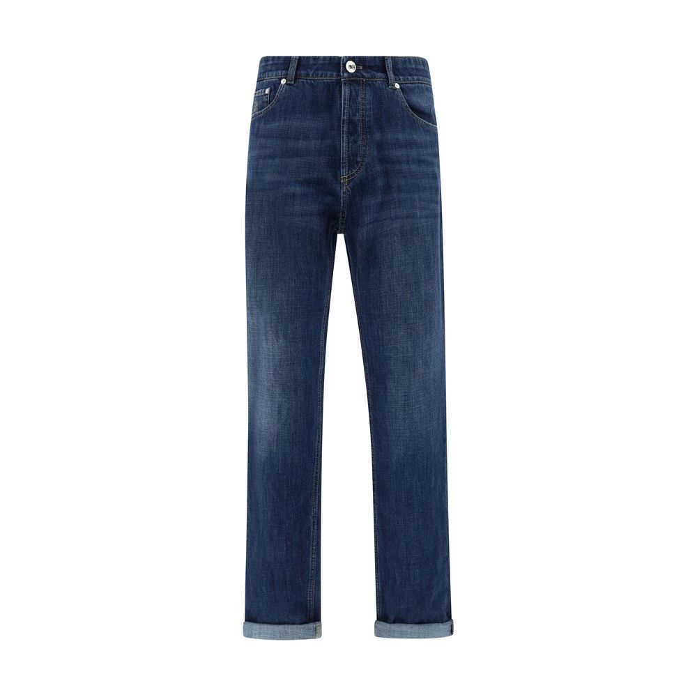 Blue Cotton Straight-Leg Jeans