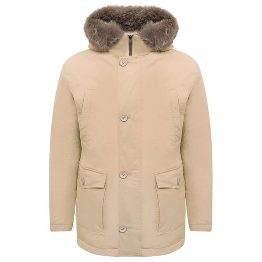Beige Nylon Men Jacket with Fur-Trimmed Hood