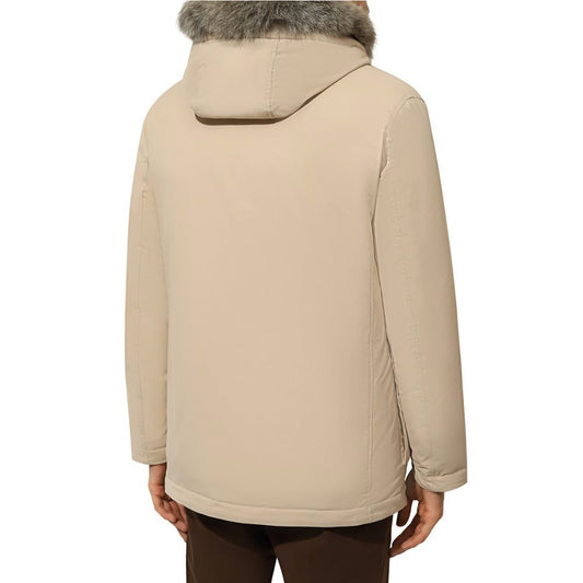Beige Nylon Men Jacket with Fur-Trimmed Hood