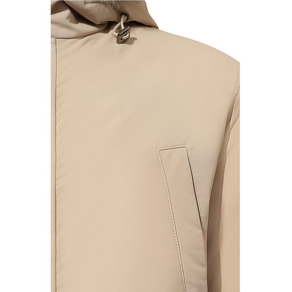 Beige Nylon Men Jacket with Fur-Trimmed Hood