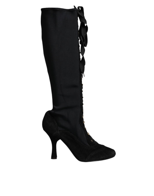 Black Lace Up Heels High Boots Shoes