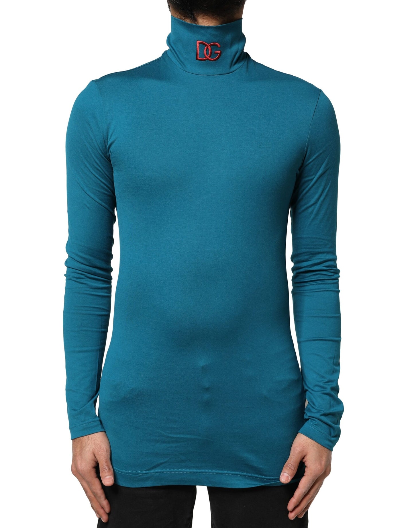 Blue Cotton Turtleneck Long Sleeves Sweater