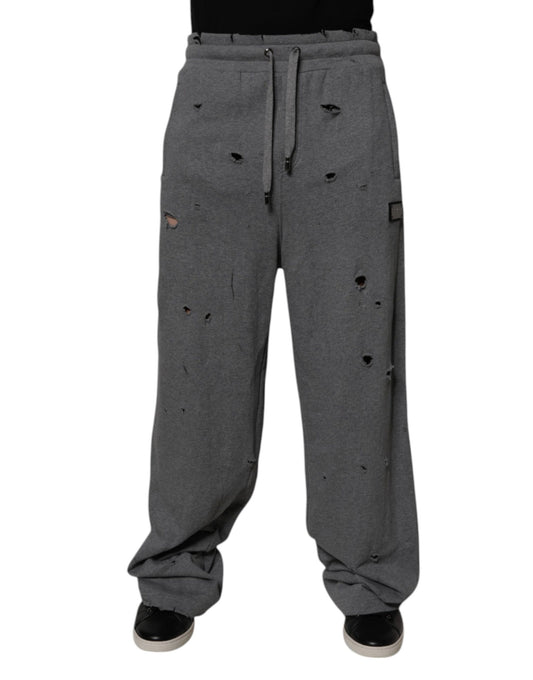Gray Cotton RipStyle Straight Sweatpants Pants