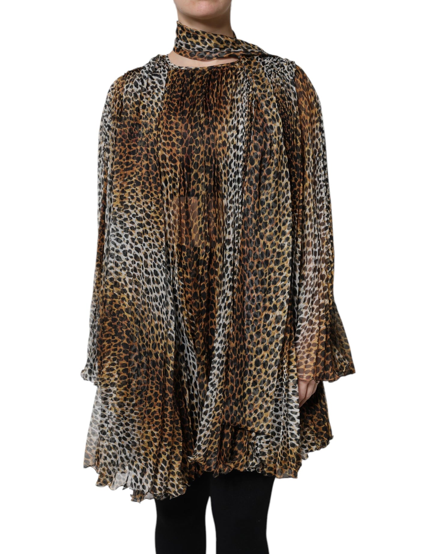 Brown Leopard Print Scarf Collared Chiffon Dress