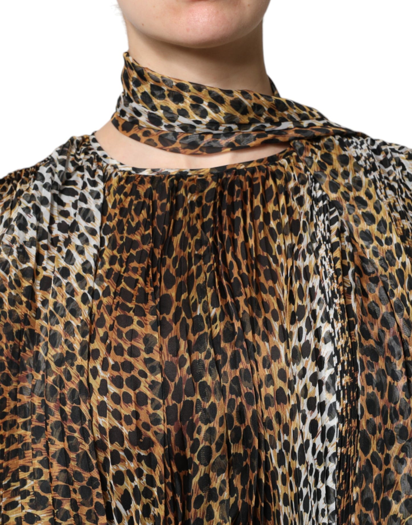 Brown Leopard Print Scarf Collared Chiffon Dress