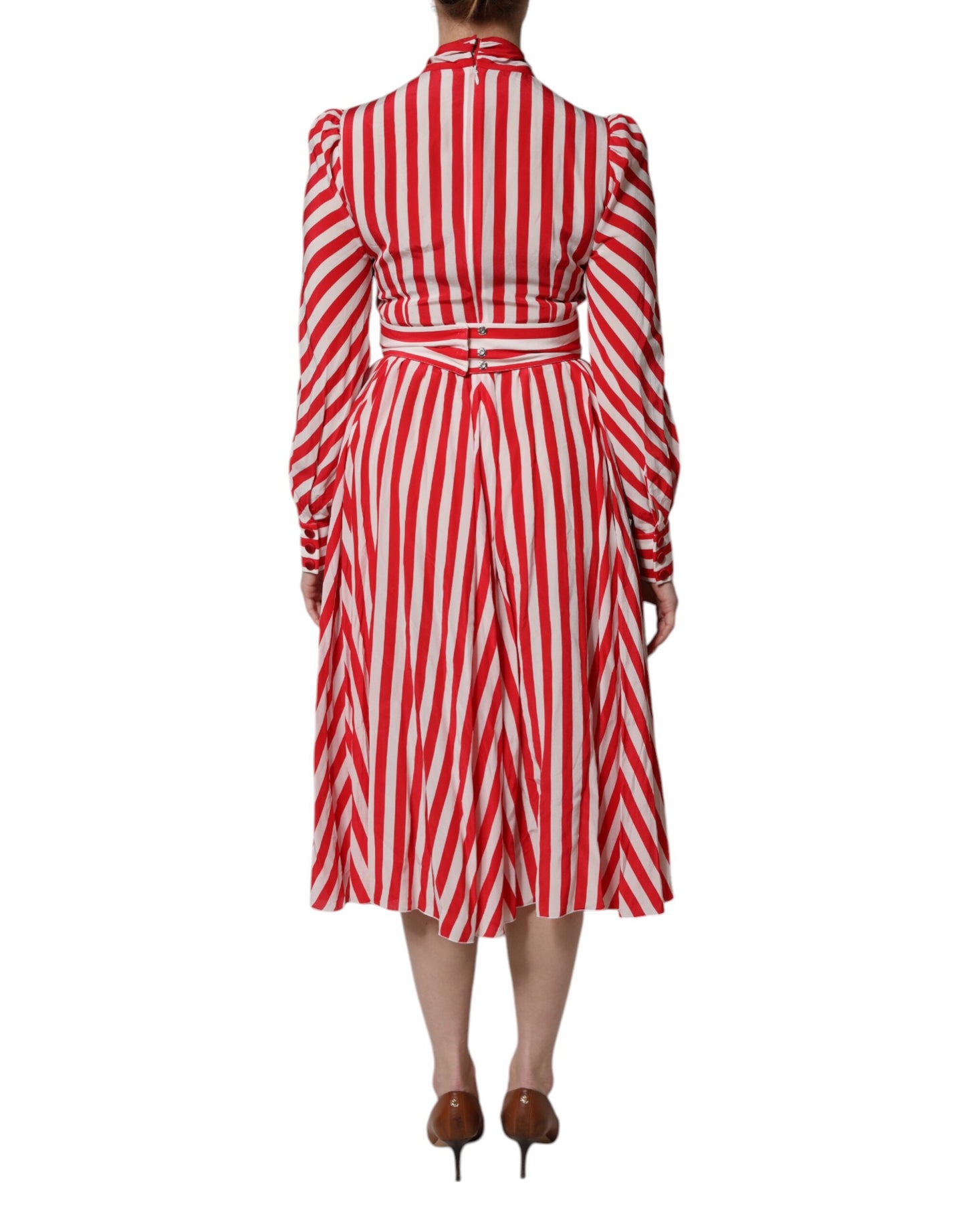 White Red Stripes Long Sleeves Midi Dress