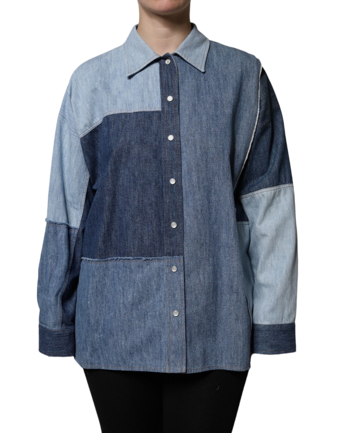 Blue Cotton Button Up Collared Long Sleeve Top