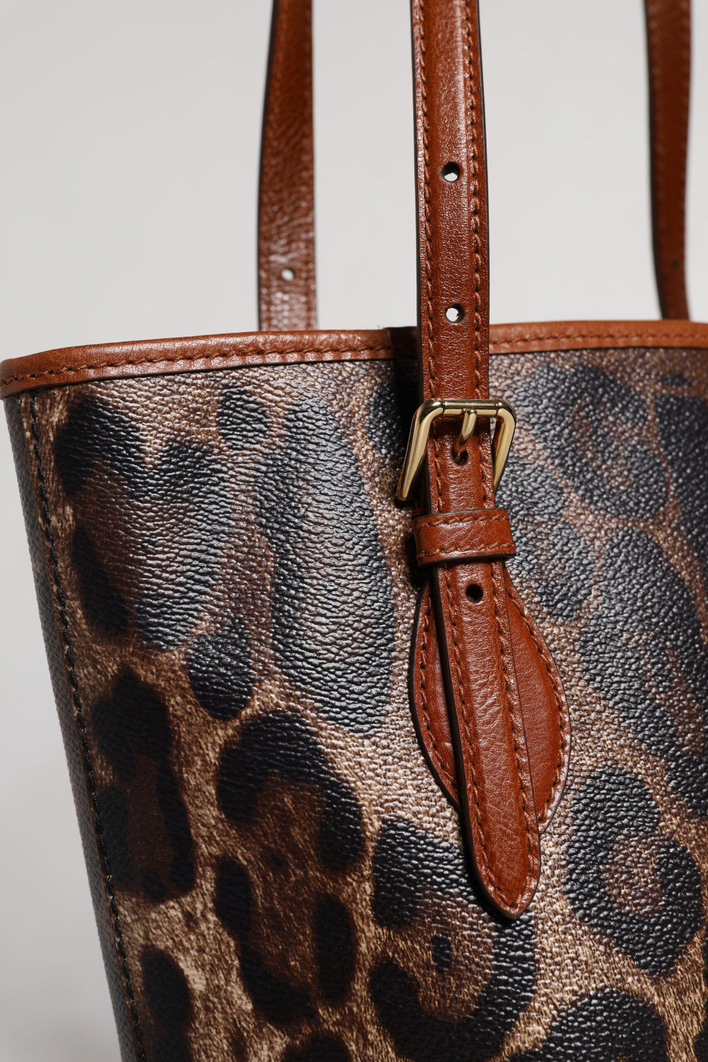 Brown Leopard Leather Shoulder Strap Tote Bag