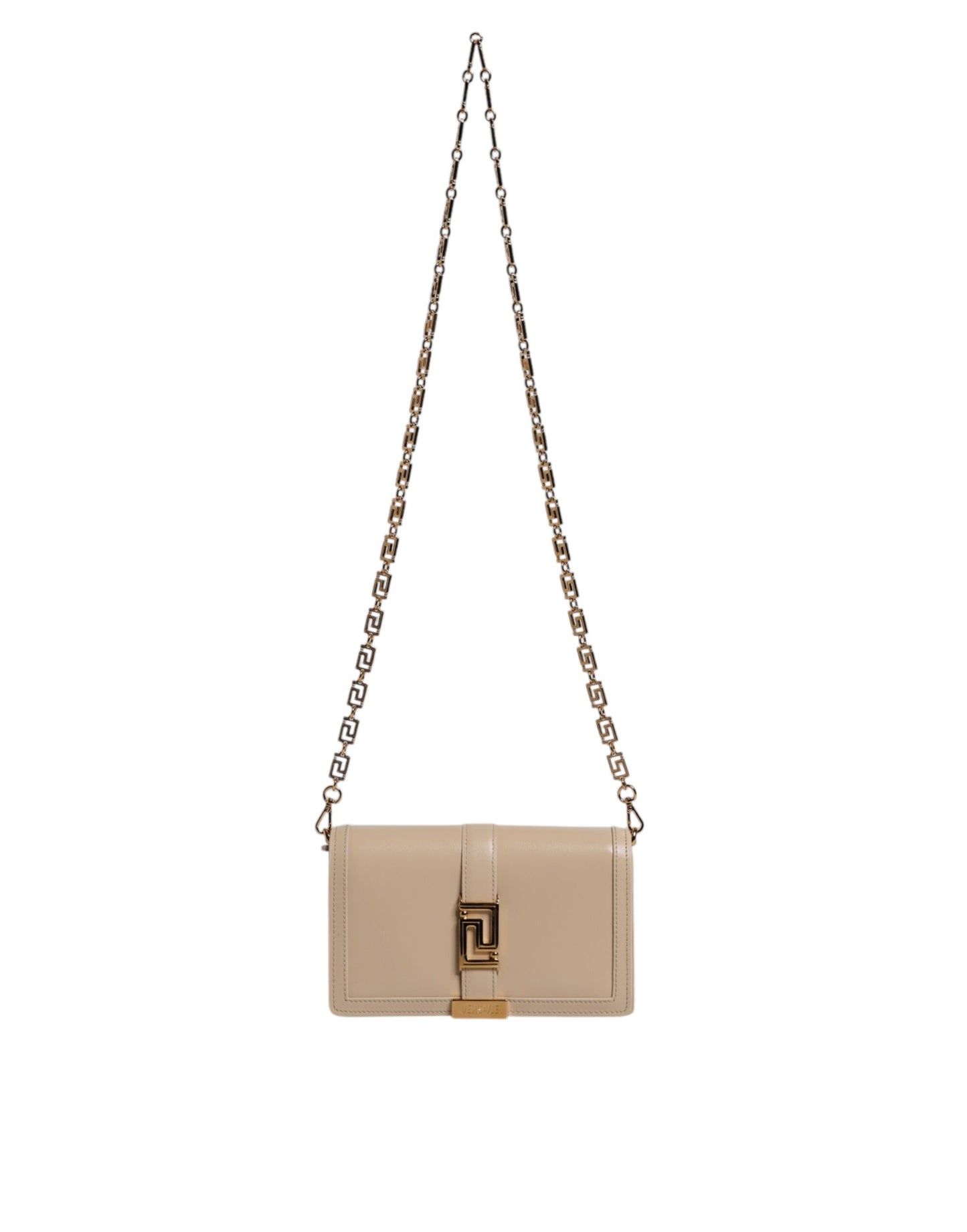 Beige Gold Chain Calf Leather Wallet Crossbody Bag