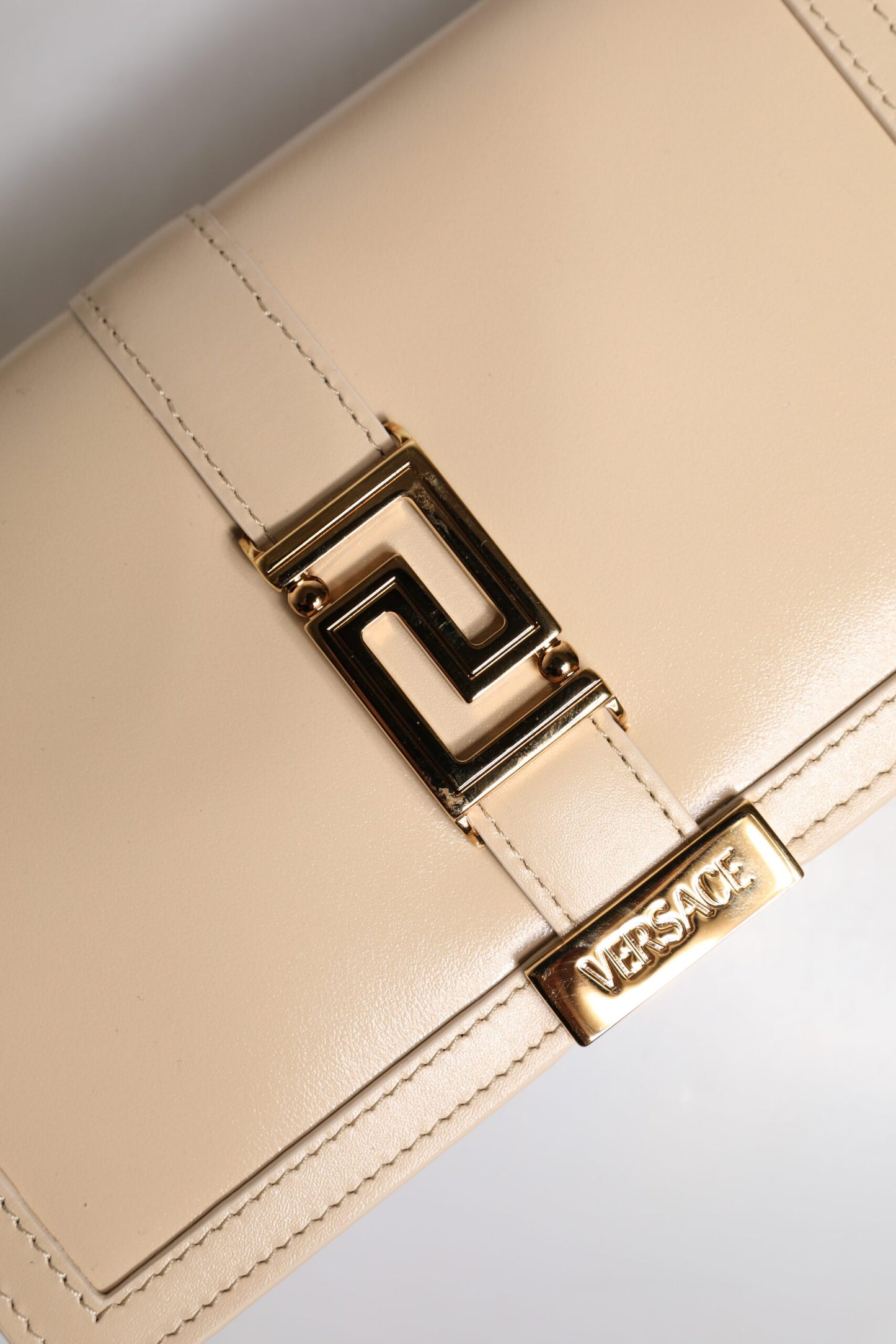 Beige Gold Chain Calf Leather Wallet Crossbody Bag