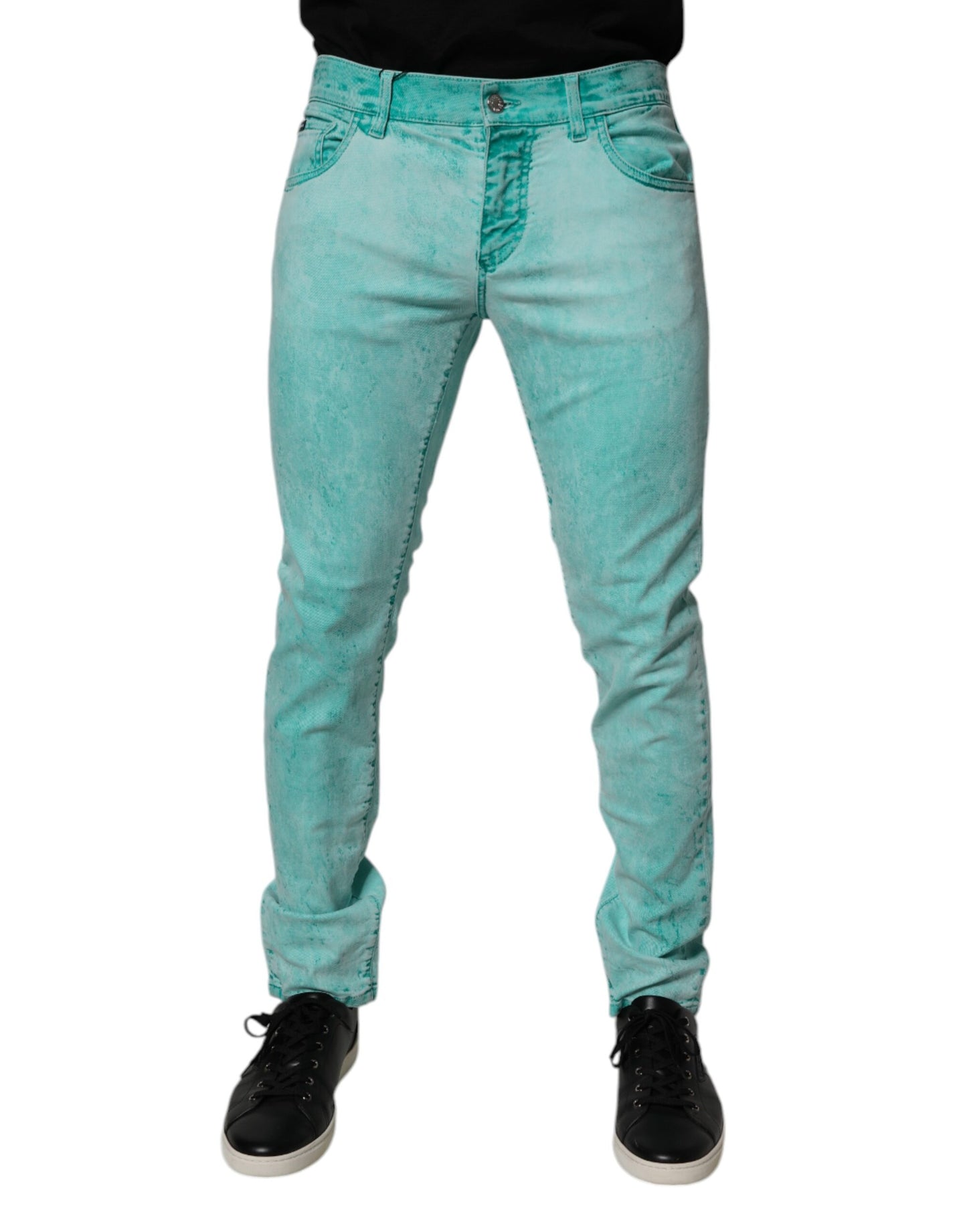 Green Tie Dye Cotton Skinny Men Denim Jeans