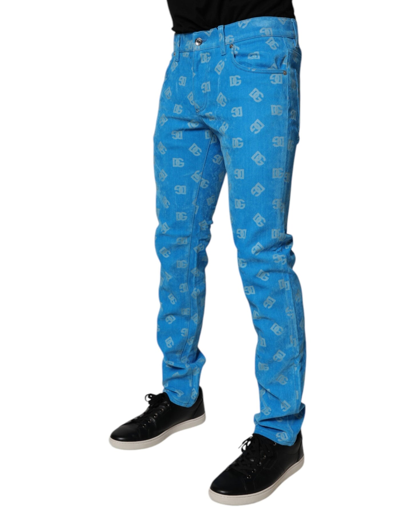 Blue Logo Monogram Cotton Skinny Denim Jeans