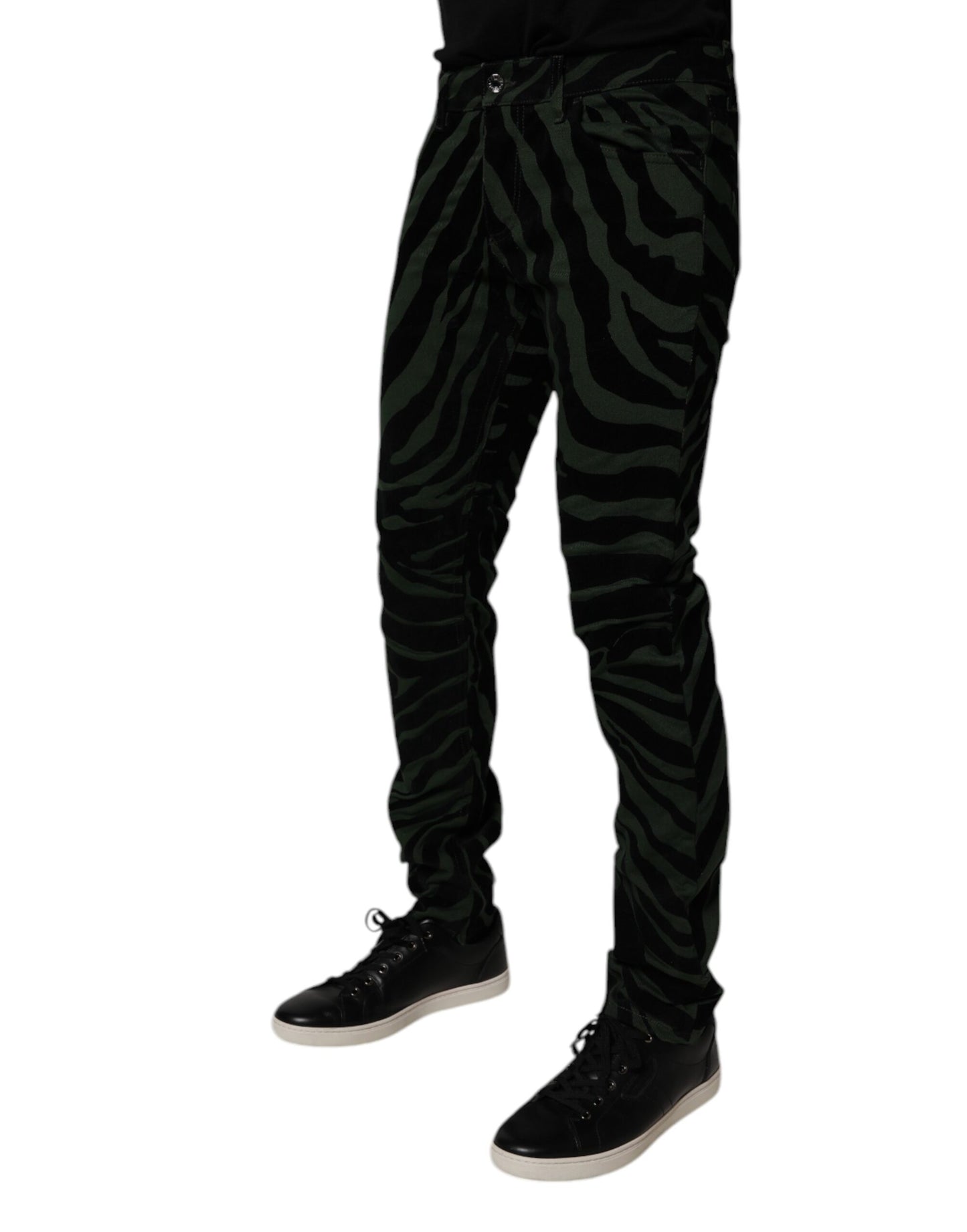Black Green Stripes Cotton Skinny Denim Jeans