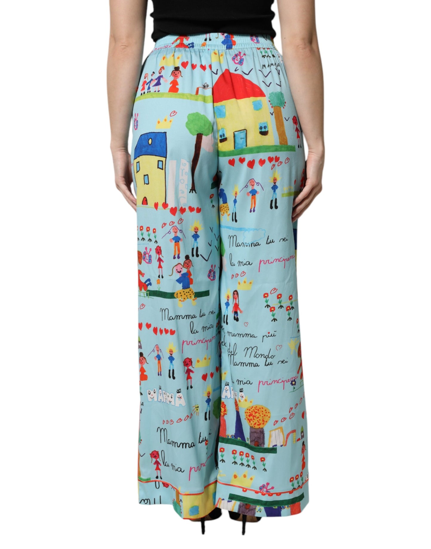 Light Blue Drawing Mid Waist Wide Leg Pants