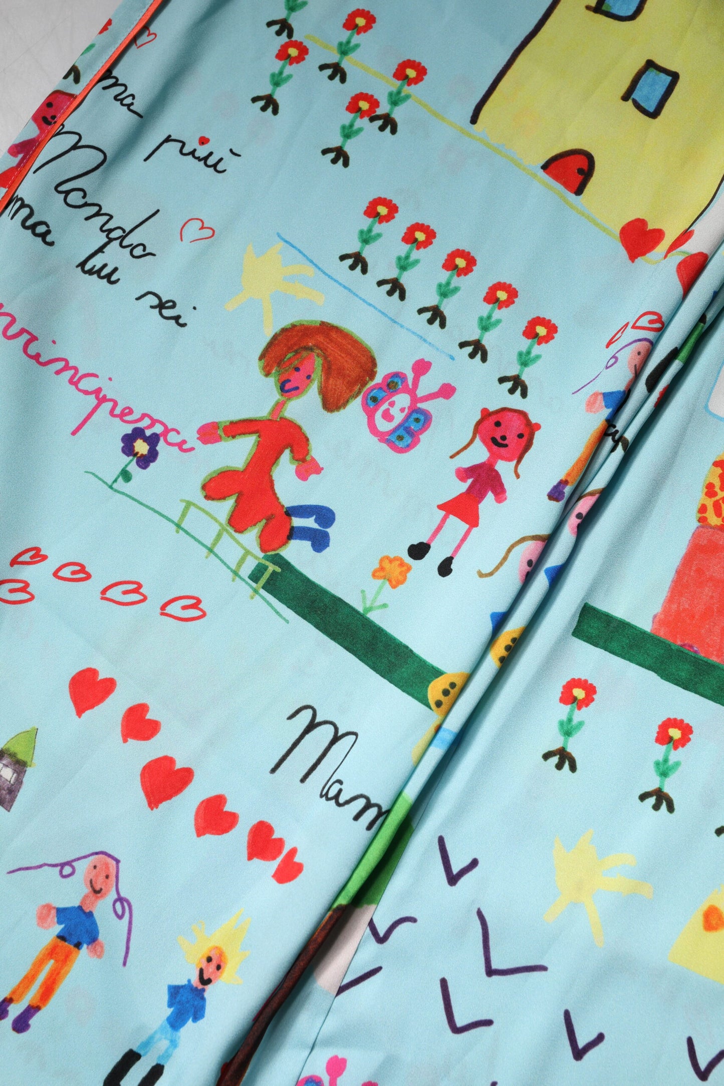 Light Blue Drawing Mid Waist Wide Leg Pants